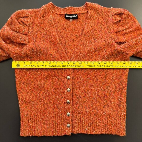 Karl Lagerfeld Paris Confetti Puff Shoulder Wool Button Cardigan V-Neck Sweater - Picture 6 of 10